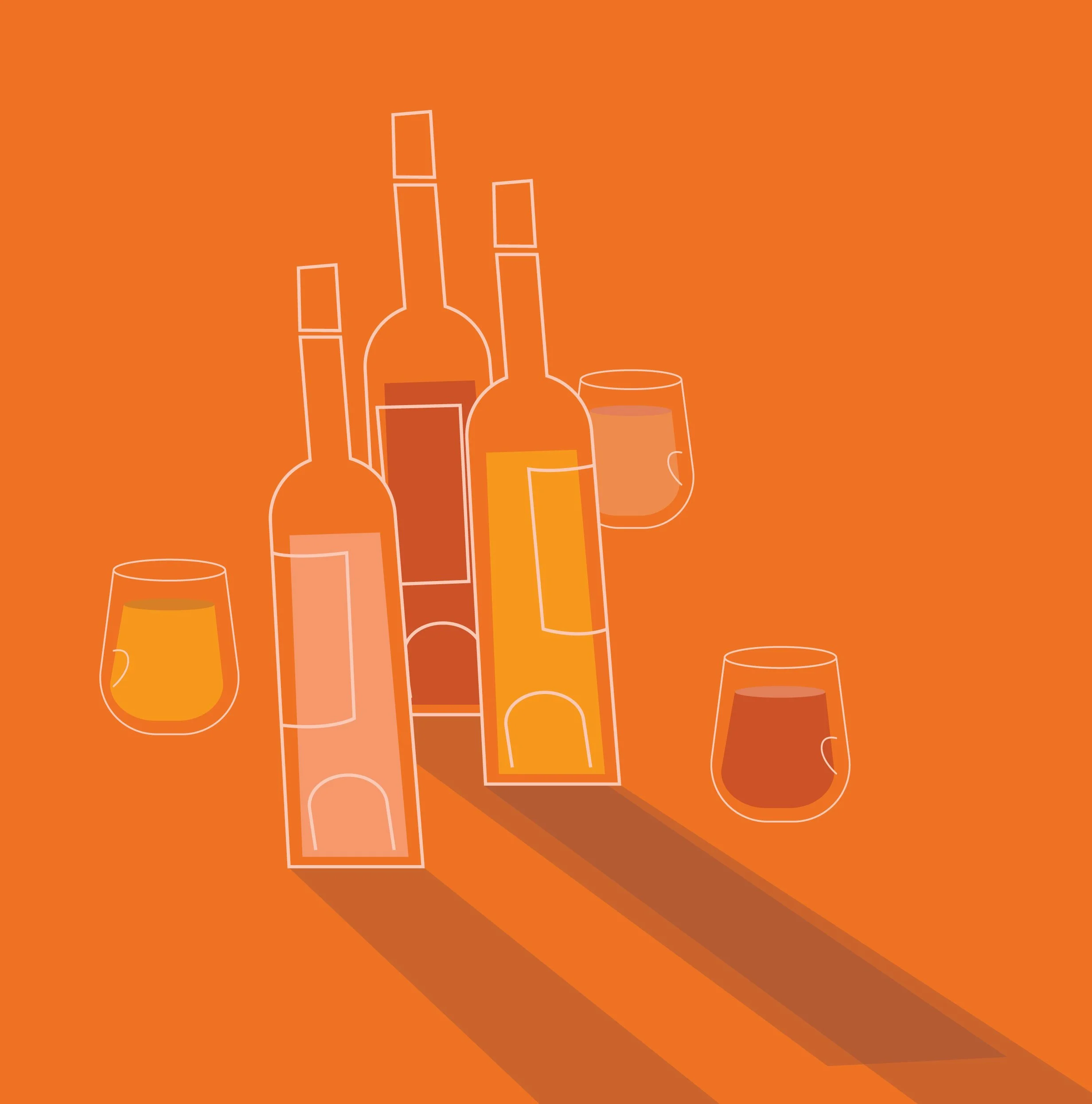 Orange Glou Fair Illustration of wine bottles and glasses on an orange background
